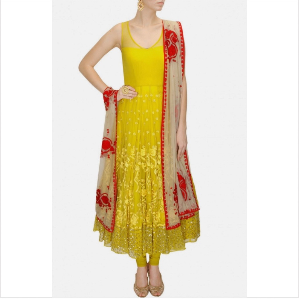 Ashta Narang Yellow Net Sequined Anarkali Indian Dress